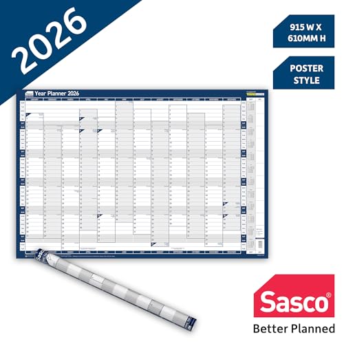Sasco 2026 Vertical Wall Planner – Poster Style Year Calendar with Wet Wipe Pen & Stickers, 91.5x61cm, Blue – 2026 Wall Calendar UK & ROI Holidays Marked – Useful for Office or Classroom Planning