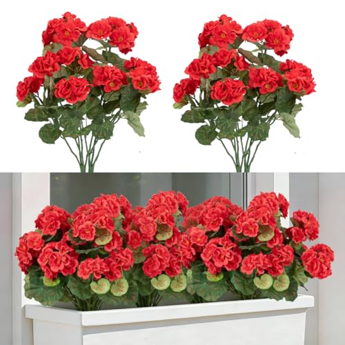 Laelfe Géranium Artificiel Rouge pour Extérieur, Faux Geranium Fausse Fleur Geraniums pour Extérieur, Intérieur, Balcon, Jardinière, Maison, Jardin,...