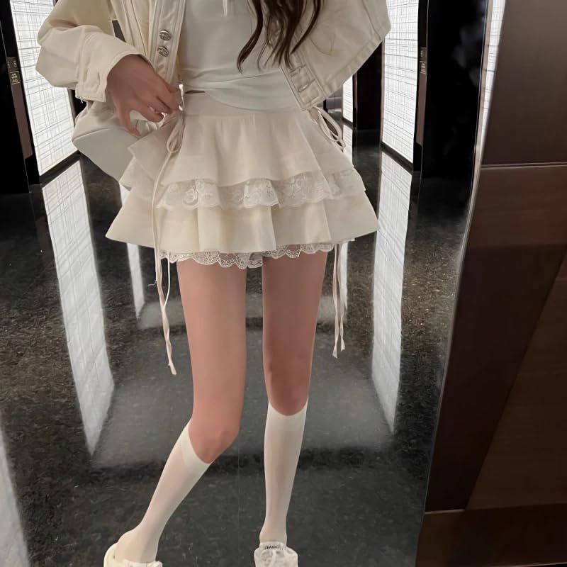 OrDobo Gonne Corte da Donna - Minigonna Patchwork Ricamata in Pizzo Dolce A Strati Carino Casual Temperamento A Trapezio Tutto-Fiammifero Tinta Unita Streetwear Beige L