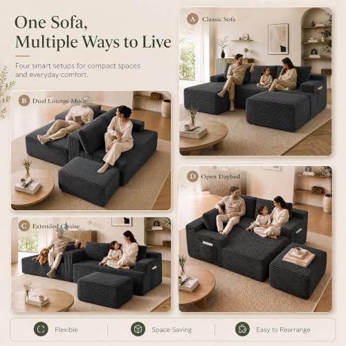Image of Boneless Couch, Modular Sectional Couches for Living Room, U-Shaped Cloud Couch Sofa with Deep Seat, Fluffy Corduroy Upholstered Corner Sofa