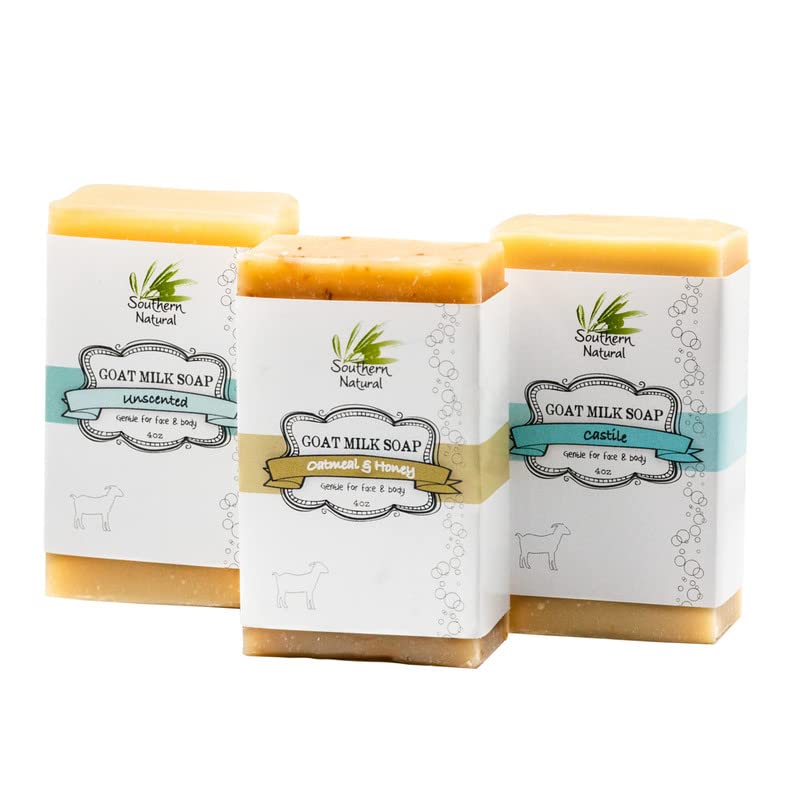 Southern Natural Goat Milk Soap Bar – Unscented Oatmeal & Honey, Castile & Unscented – Handmade for Dry, Sensitive Skin – Face & Body Wash for Men, Women, Kids, Baby – 3 pack (4-4.5 oz)