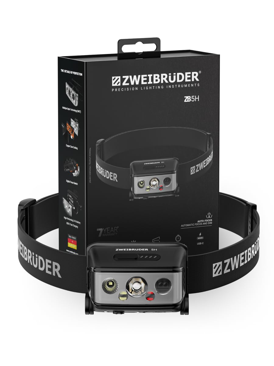 Zweibrüder ZB5H Head Torch with 1000 lumens – LED Headlamp with Auto Focus Technology. Red Light. USB-C Rechargeable. Dual Power. Ideal for Sport, Outdoor Activities and Camping.
