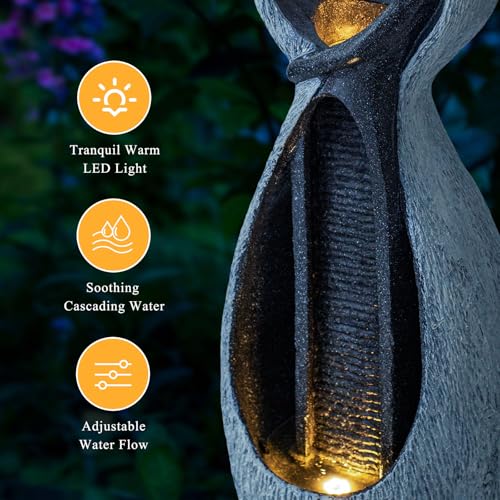 Image of Human Embrace Outdoor Water Fountain, Resin with LED, 39.8 in | Cascading waterfall design, freestanding feature, decorative ornament for patio, backyard, porch and home