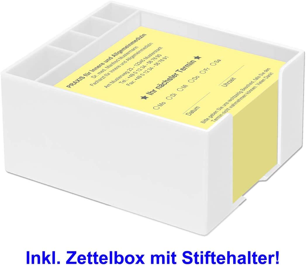 500 Terminzettel Terminkarten nächster Termin mit Ihrer Adresse personalisiert in praktischer Zettelbox mit Stiftehalter 10 x 10 cm (hellgelb)