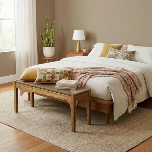 Image of Vintage Entryway Bench, 45 inch Acacia Wood Bench with Woven Rope Seat, Wicker Bench Indoor for Hallway, End of Bed, Rustic Farmhouse Boho Style, Rope Dining Bench (Natural)