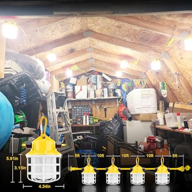 50FT Led String Work Light 75W 7500LM Waterproof Construction String Lights Linkable Temporary Work Lighting Outdoor Indoor Worklight (5 Light)