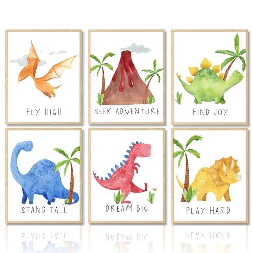Image of Dazzlewall Watercolor Dinosaur Wall Decor Poster Motivational Quotes Wall Poster for Nursery Kids Room Decor 8x10 in Unframed Set of 6