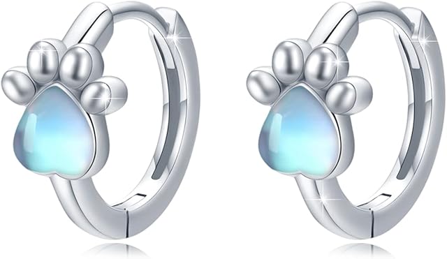 Moonstone Stud Earrings 925 Sterling Silver Dog Paw Earrings Hoop Dog Earrings Hypoallergenic Earring Paw Earrings Jewellery Gifts for Children Women