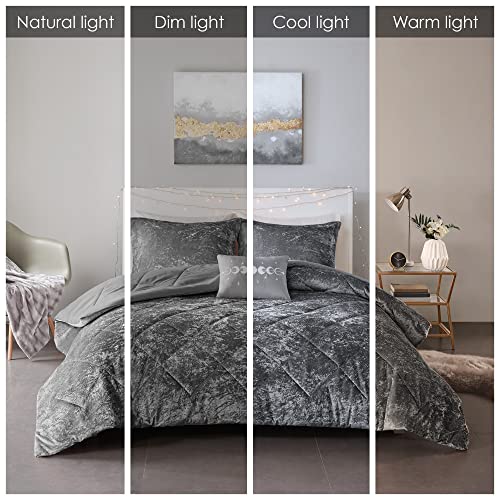 Intelligent Design Felicia Duvet Set Velvet Double Sided Diamond Quilting, Modern Glam,All Season Comforter Cover Bedding Set With Matching Sham,Decorative Pillow, Full/Queen(88"X90"), Grey 4 Piece #TOP1