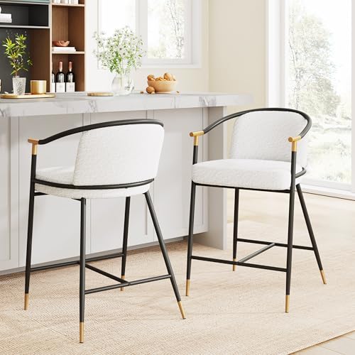 Set de 2 butacos Christopher Knight Home Varus de 26" de altura con estructura de hierro, para barra o isla de cocina, con reposapiés y respaldo, tapizados en bouclé, color beige + negro + dorado miniatura 1