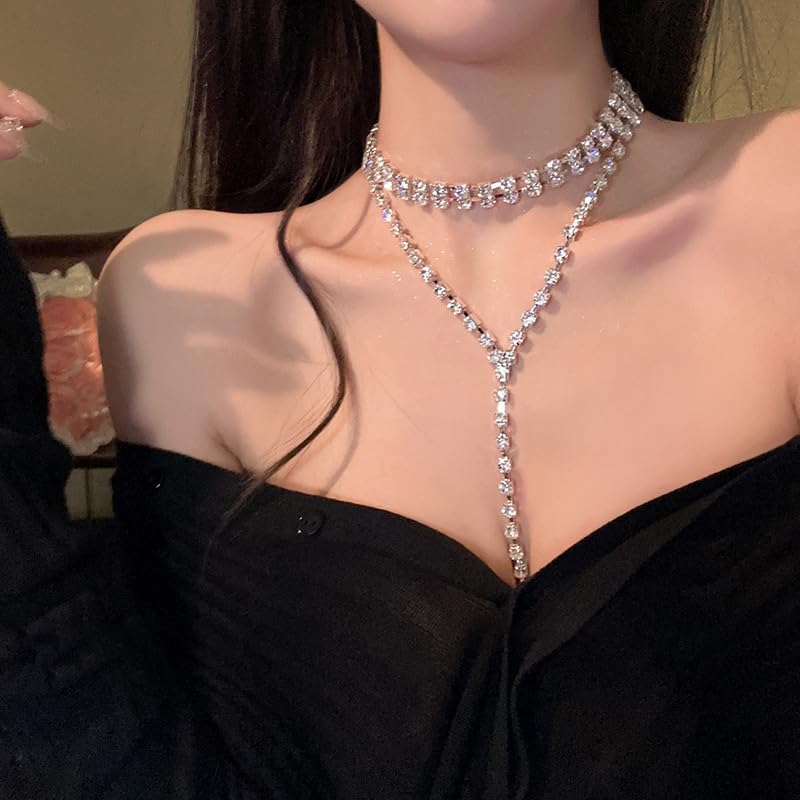Bohemain Lariat Silver Crystal Rhinestone Y Pendant Necklae Long Necklace for Women Lariat Dainty Silver Necklace Rhinestone Choker Necklace - Image 5