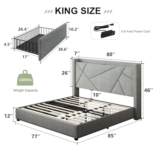 Feonase King Size Platform Bed Frame with 4 Storage Drawers, Upholstered Bed with Charging Station, Solid Wood Slats Support, Light Gray
