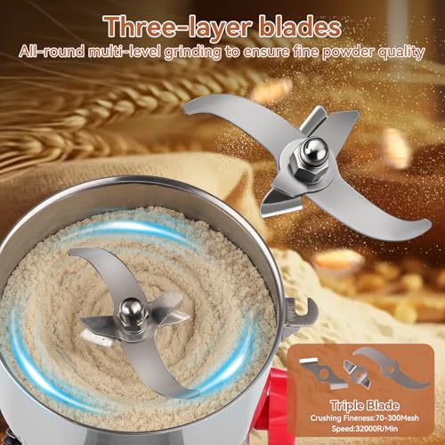 Image of 3000W Grain Mill Grinder - 32000 RPM High-Speed 1000g Electric Stainless Steel Grain Mill for Flour with 270 Swing Grinding for Grains, Millet, Spices & Coffee - Ideal for Kitchen and Commercial Use