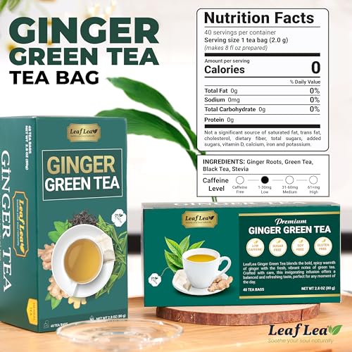 LeafLea Green Tea with Ginger, 80 Tea Bags (2 Packs), Natural Green Tea with Ginger Root, Lightly Sweetened with Stevia, Supports Digestion and Immunity, Low Caffeine, Non-GMO, Gluten-Free