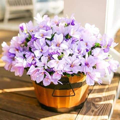 Artificial Flowers for Outdoors, 3 Bundles Fake Silk Azalea Bouquet Faux Flower Plants Outside Decoration UV Resistant Realistic Fake Flowers for Planter Front Door Patio Garden Walkways Home, Purple Cover
