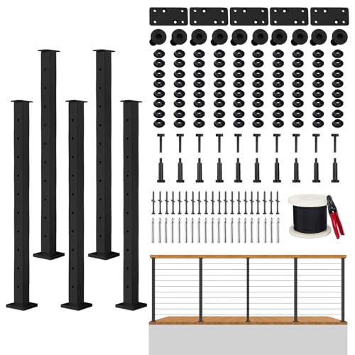 Senmit 36" Cable Railing Post Kit,Including 5 Black Railing Posts,250ft Cable, 10 Sets Terminal, 80 Cable Grommets(No Handrail)