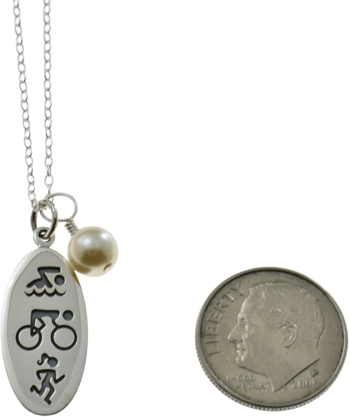 Triathlon Necklace Accented with a Crystal Pearl |18 Inch Sterling Silver Cable Chain | Triathlon Jewelry | Sports Jewelry |Runner, Swimmer, Biker | - Image 3