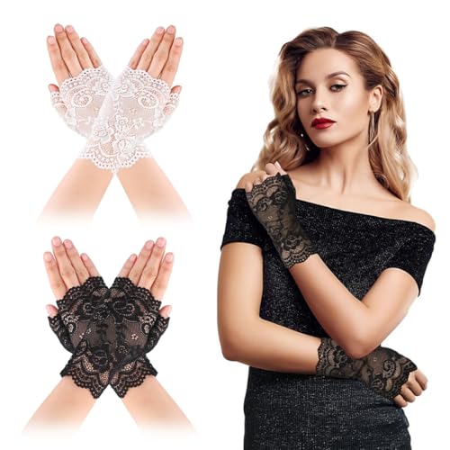 EAVUYIS 2 Paar Spitzen Handschuhe Damen Kurz Geschnittene Fingerlose Gloves Halloween Fingerhandschuhe für Mädchen Hochzeit Brautjungfer Cosplay...