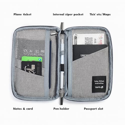 Image of House of Quirk Travel Passport Holder | Unisex Document Organizer Bag for Tickets, Bills, ID Cards, Boarding Pass, Passport - Solid Color, Lightweight & Zip Closure (Grey)