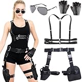 Hifot Cinturon con Pistoleras para Muslos Disfraz Cartuchera Pistola Gafas de Sol Negras Punk Cinturón de Arnés de Cintura Guantes Sin Dedos Policia Disfraz Mujer para Cosplay Halloween y Fiestas