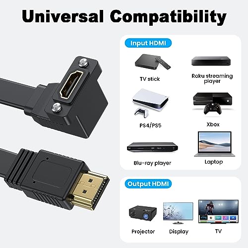 Poyiccot 4K HDMI câble 1.5ft, Flat mince HDMI 2.0 Câble, 18Gbps Montage du panneau HDMI Câble d'extension, montant Anglé HDMI Prise en charge du cordon extenseur Ethernet 3D 4K 2160p 1080p ARC pour UHD TV PC Xbox