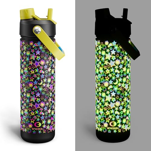 Image of ENCOOL Insulated Water Bottle with Straw Stainless Steel Water Bottle, Glow in the Dark, Leak-Proof, BPA-Free, Keeps Cold for 24 Hours for Sports, Travel, School (26 oz, Neon Galaxy)