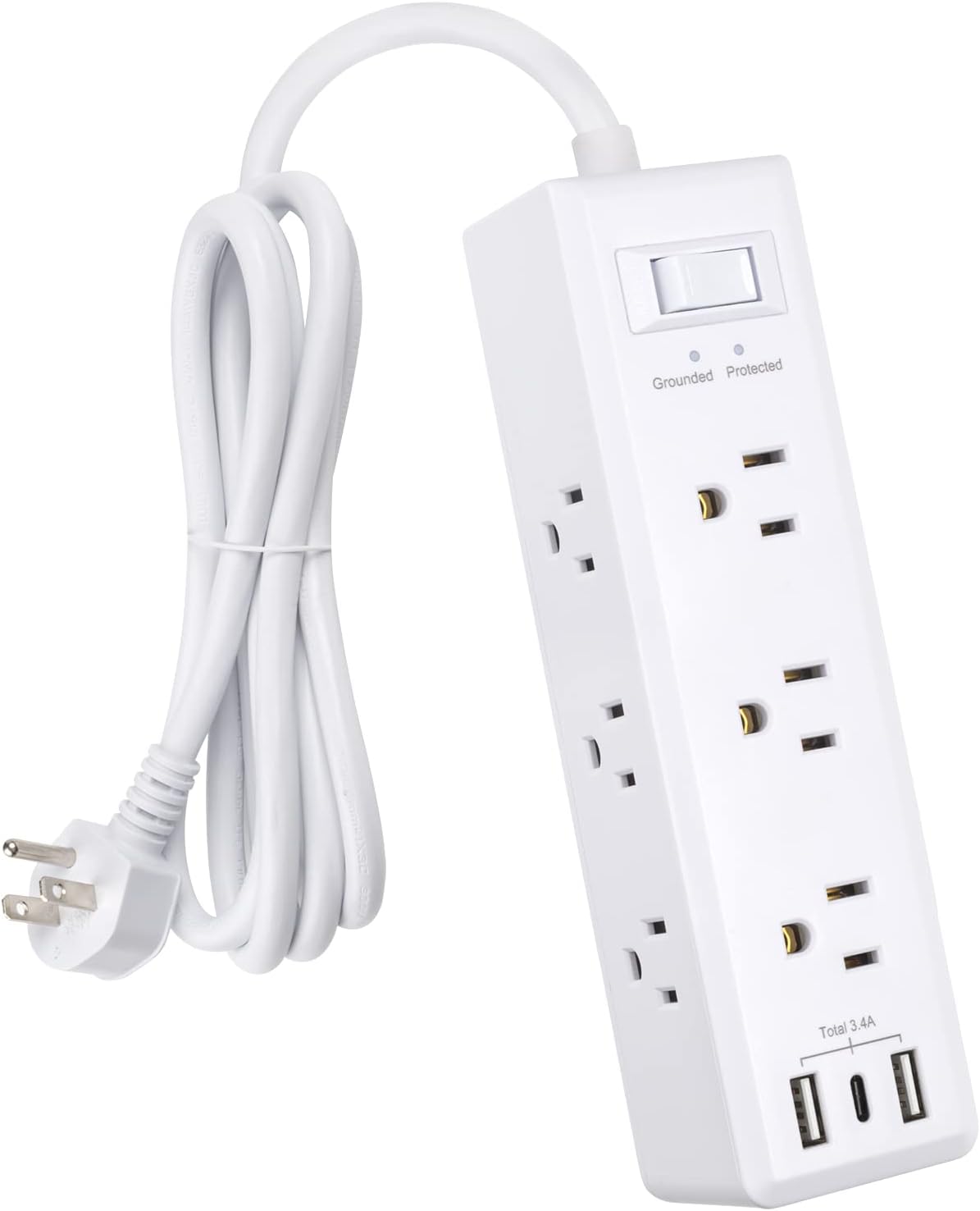 Clear Power 9-Outlet Surge Protector Power Strip with 3 USB Ports(1 USB-C), 5ft Power Cord, Flat Plug, Multi Outlets on 3 Sides, Desktop Charging Station, White, DC3S-1109-DC