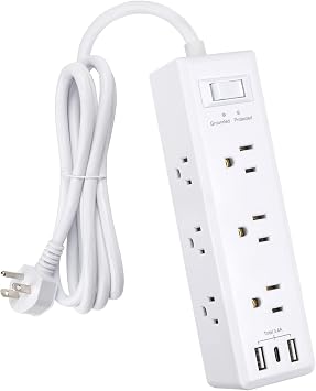 Clear Power 9-Outlet Surge Protector Power Strip with 3 USB Ports1 USB-C, 5ft Power Cord, Flat Plug, Multi Outlets on 3 Sides, Desktop Charging Station, White, DC3S-1109-DC