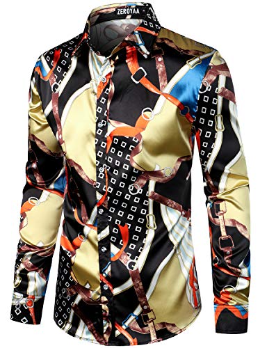 Image of ZEROYAA Men's Luxury Printed Silk Like Satin Button Down Dress Shirt for Party Prom