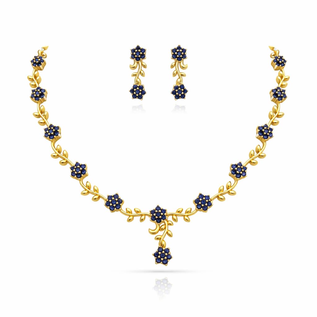 Jewellery Set for Girls and Women | Necklace with Matching Earrings | Micro Gold-Plated | AD CZ Stone Studded | Great for Traditional Outfits and Special Gatherings (Blue)