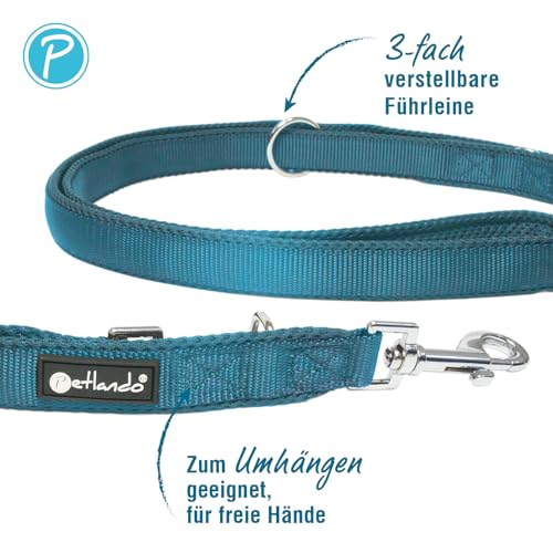 Petlando Hundeleine 3m Mesh, leicht & weich geplostert, 3-Fach verstellbare Leine, Führleine Petrol 1,5 cm schmal für kleine Hunde, schnelltrocknend & pflegeleicht, Umhängeleine Hund klein