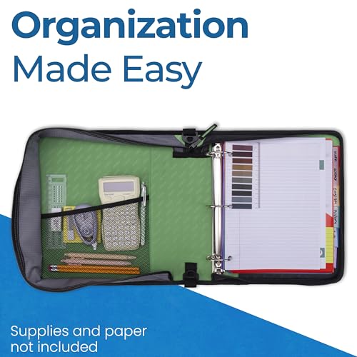 Image of Case-it Universal Zipper Binder | 2-Inch O-Rings, 13-Inch Laptop /Tablet Padded Pocket, 400 Sheet Capacity, Multiple Storage Pockets & Shoulder Strap | School & Office Organizer | LT-007 Canopy Green