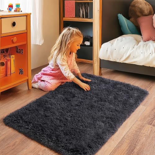 Small Rugs for Bedroom, Fluffy 2x3 Rug Throw Non Slip for Bedside Dorm Kids Room, Plush Comfy Shag Carpet for Home Decor Aesthetic, Charcoal Gray