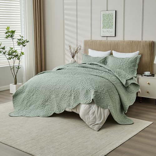 Image of Oversized California King Bedspreads 120x120 for Extra Tall Split Cal King Bed Lightweight Quilted Coverlet Set 3 Pieces 1 Quilt 2 Pillow Shams Sage