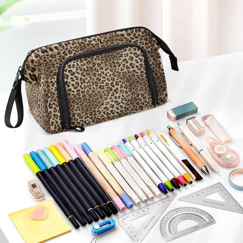 Image of Fisyme Leopard Print Pencil Case Large Capacity Pencil Pouch Pen Bags Box Big Makeup Pencil Case Organizer