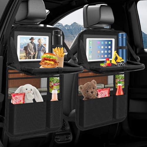 Oneyus 2 Pack Car Seat Organiser with Folding Table Car Organiser Back Seat for Kids Waterproof Car Storage for Keeping Car Tidy Kick Protector Tablet Storage Pockets (Black)