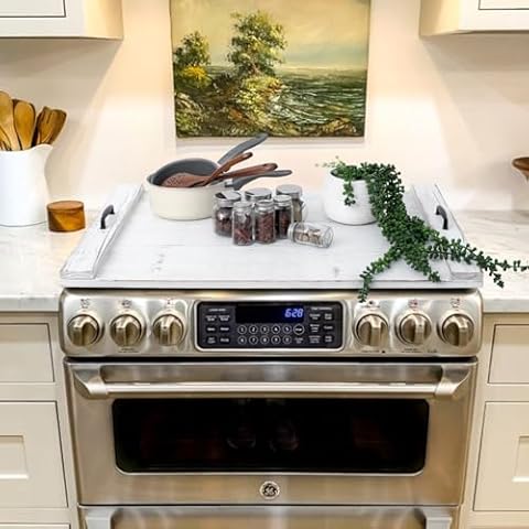 SwallowLiving Wood Noodle Board Stove Cover with Handles, Wooden Stovetop Cover Board for Gas Stove and Electric Stove Top,Kitchen Sink Cover for Counter Space, Cutting Board, White Cover
