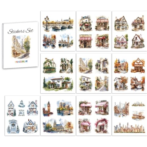 Peacoblue Scrapbook Sticker Book Pack for Junk Journaling Supplies Planner, 10 Sheet Modern Architecture Pre-Cut Aesthetic Stickers Set Gift for DIY Crafts Arts Decor Laptop Women Adult