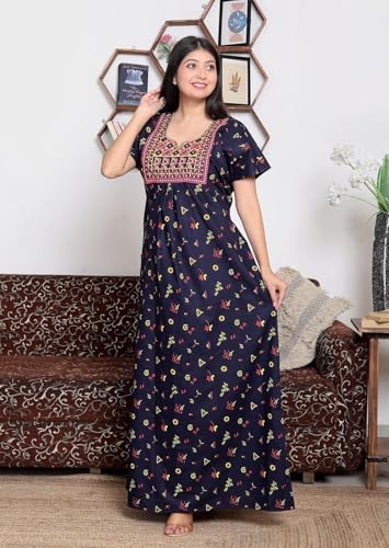 Image of DIAMO Pure Cotton Embroidery Nighty for Women, Cotton Night Gown, Night Maxi Gown, Cotton Nighty with a Pocket and Adjustable Knot