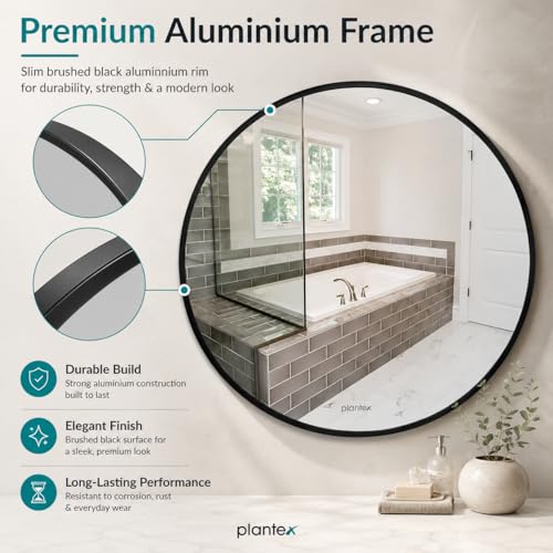 Image of Plantex Aluminium Frame Mirror for Wall /Mirror for Bathroom /Round Mirror for Bathroom /Wall Mount Mirror for Bedroom /Dressing Room /Living Room /Entryway - Shatterproof Mirror (24inch-Brushed Black)