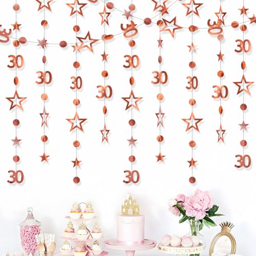 30th Birthday Decorations Hanging Swirls Decorations Rose Gold Number 30 Circle Dots Star Garland Party Decorations Metallic Hanging Streamer Banner Shiny Hanging Swirls for Birthday Party Supplies