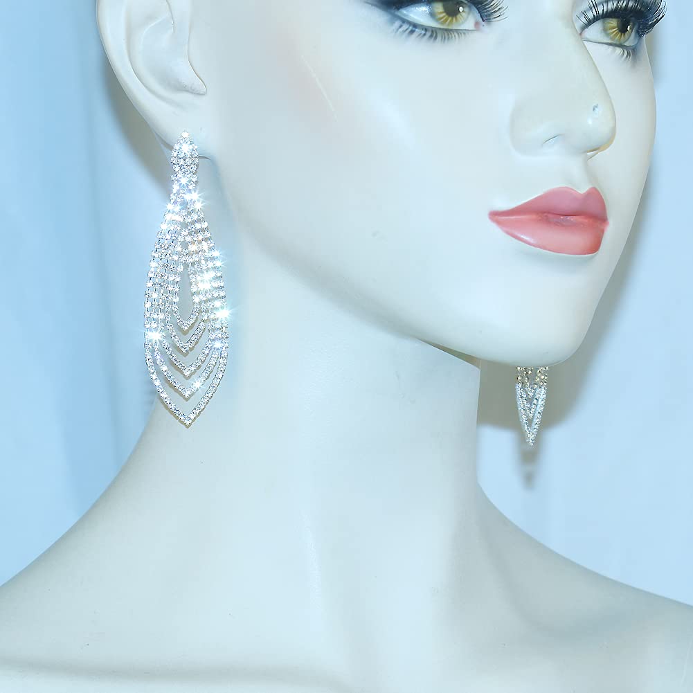 CHRAN Silver Plated Crystal Rhinestone Wedding Long Chandelier Dangle Earrings for Women