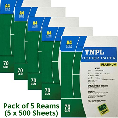 Image of TNPL PACKWELL A4 Size Sheet 70 GSM Blank (Unruled) Bright White Copier Printer Xerox Paper in bulk - Pack of 5 Reams (5 x 500 Sheets)