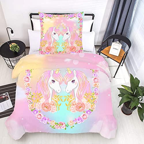 ZTYROLJ Einhorn Bettwäsche 135x200 für Mädchen Kinder,Weich Mikrofaser Einhorn Bettwäsche -Sets,Atmungsaktiv kinderbettwäsche 135x200+80x80...
