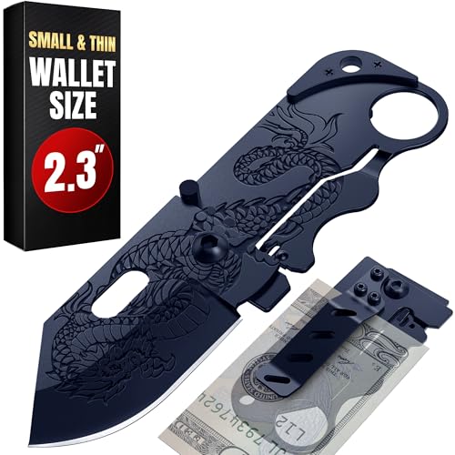 Grand Way Pocket Knife - 2.36” Folding Sharp Blade with Money Clip - Unique Small Knife with Engraved Dragon Blade - Credit Card Holder for EDC- Birthday Gifts Ideas for Men & Women 6682