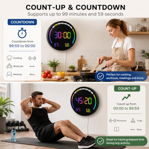 Image of AERYS 10 inch RGB Digital Alarm Wall Clock Table Clock with Remote, Auto Dimmer,Temperature, Humidity, Dual Alarms, for Living Room, Gym, Garage, Gift, Home Decor(RGB Round Wall Clock) (1 Year Warranty)