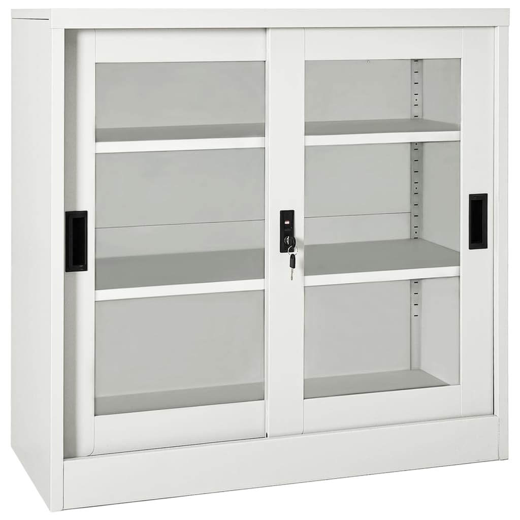 SaryEdge Lockable White Steel Sliding Door Cabinet -Office File Storage with Safety Glass & 2 Adjustable Shelves for nized Document Management,Light Grey-1 & without planter box