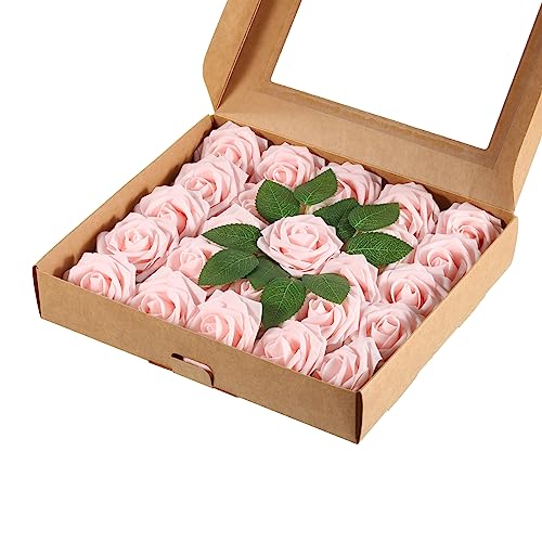 MECCANIXITY Artificial Rose Flower Heads, Champagne Pink Mini Faux Flowers 3.15 Inch for DIY Craft Wedding and Party Decoration Pack of 25