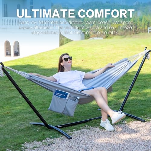 Image of PNAEUT Double Hammocks with Stand for Outside, Portable Space Saving Heavy-Duty Steel Stand for Indoor Outdoor Patio with Carrying Bag, 450 lbs Capacity (Gray)