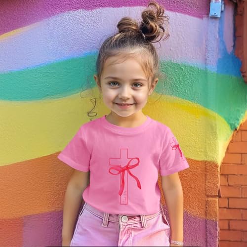 Image of Girls Cute Christian Shirts Kids Pink Bow Shirt Jesus God Faith Tshirts Aesthetic Cross Bible Verse Graphic Tee Tops